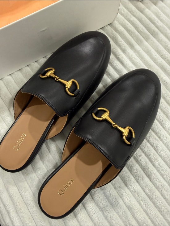 Quince Shoes - Quince Black Leather Slip-On Mules with Gold Horsebit